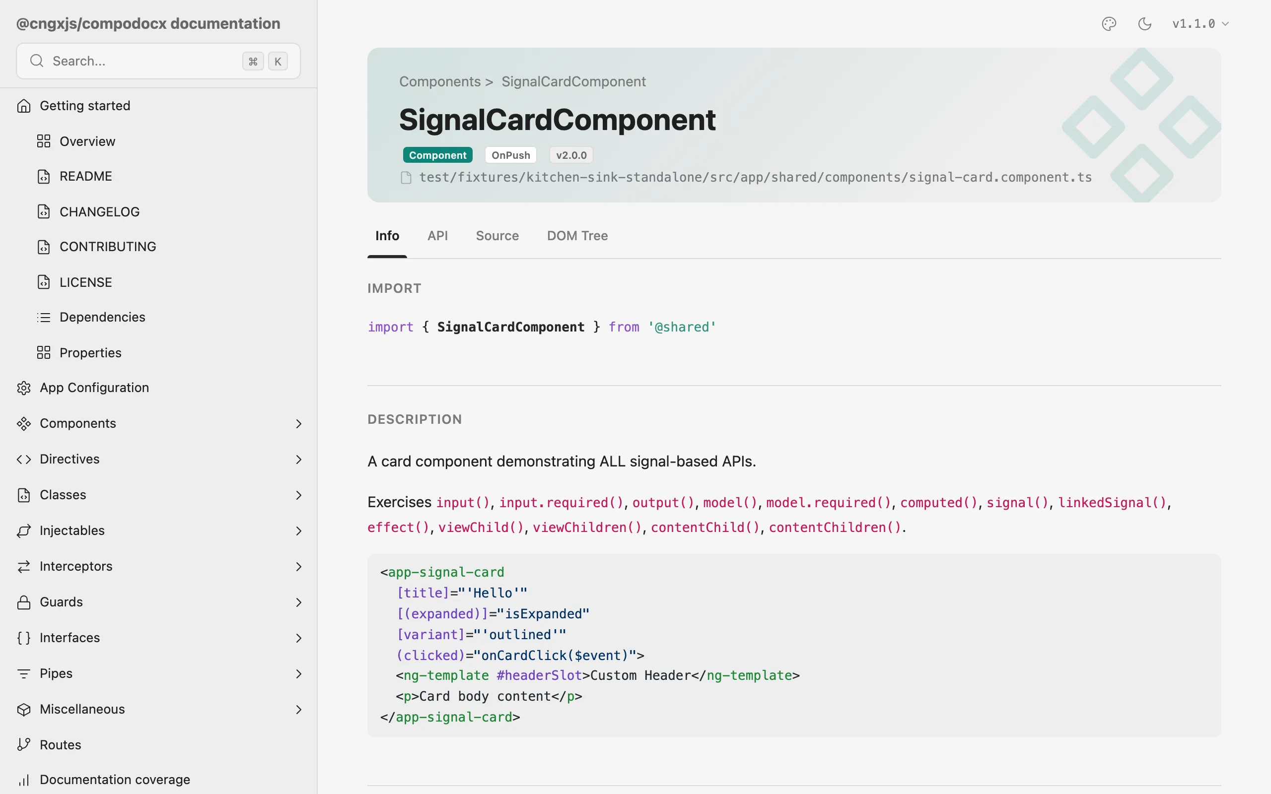 Generated compodocx component page showing imports, description, and an example block