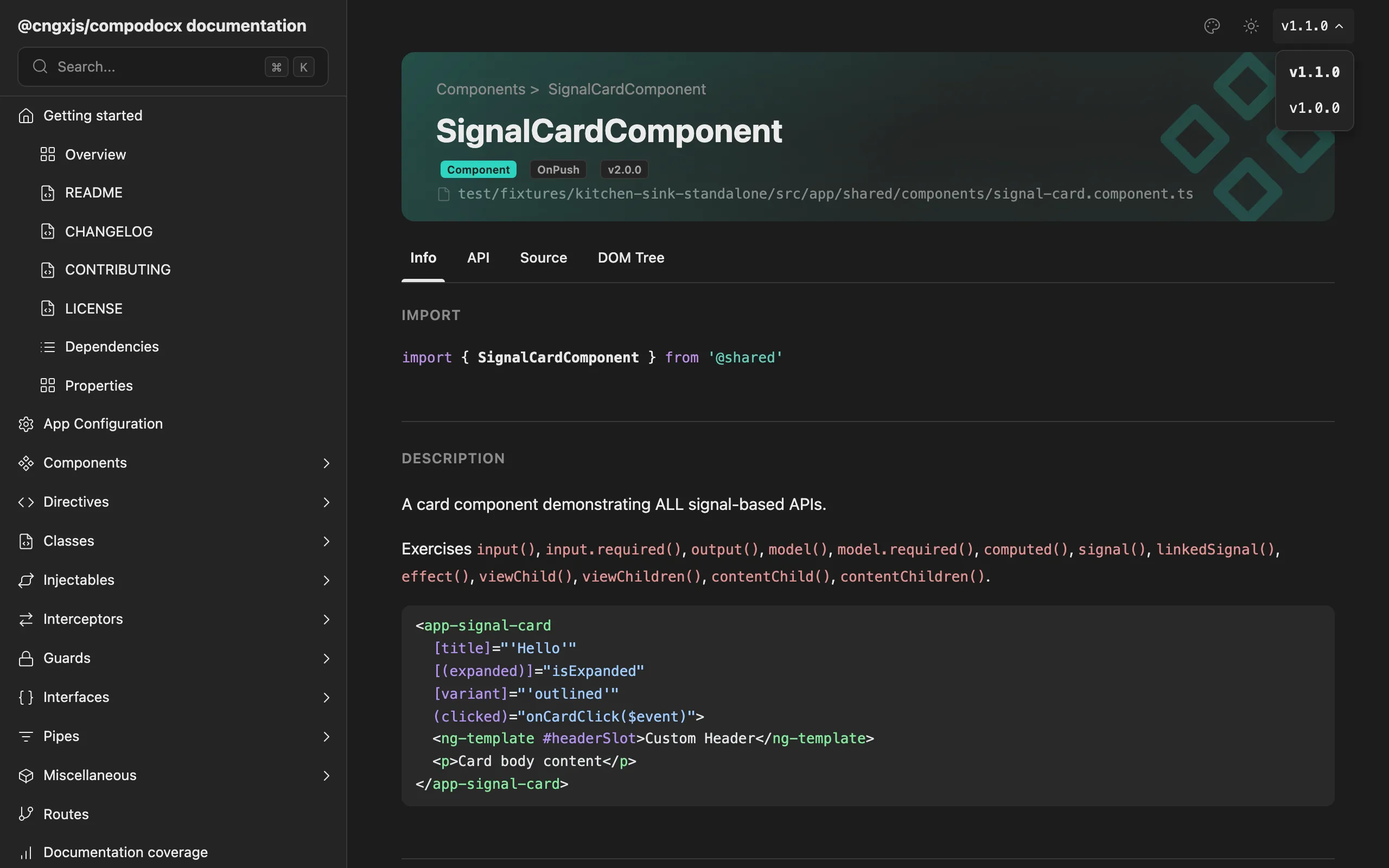 compodocx component page with the version-switcher dropdown open in the topbar, showing v1.1.0 active and v1.0.0 below