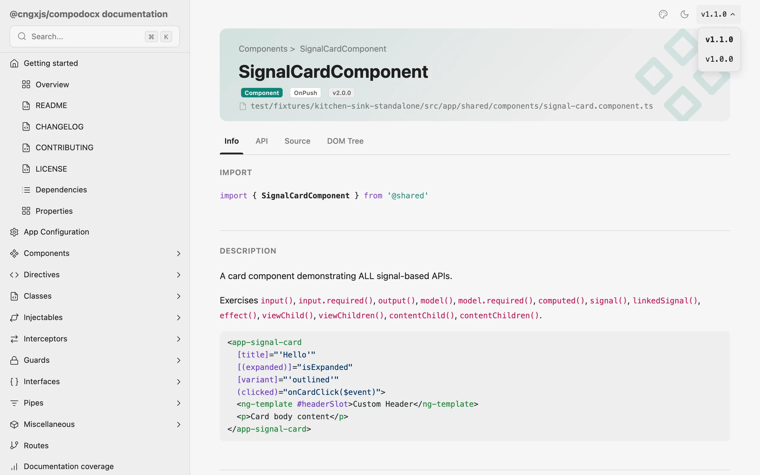 compodocx component page with the version-switcher dropdown open in the topbar, showing v1.1.0 active and v1.0.0 below