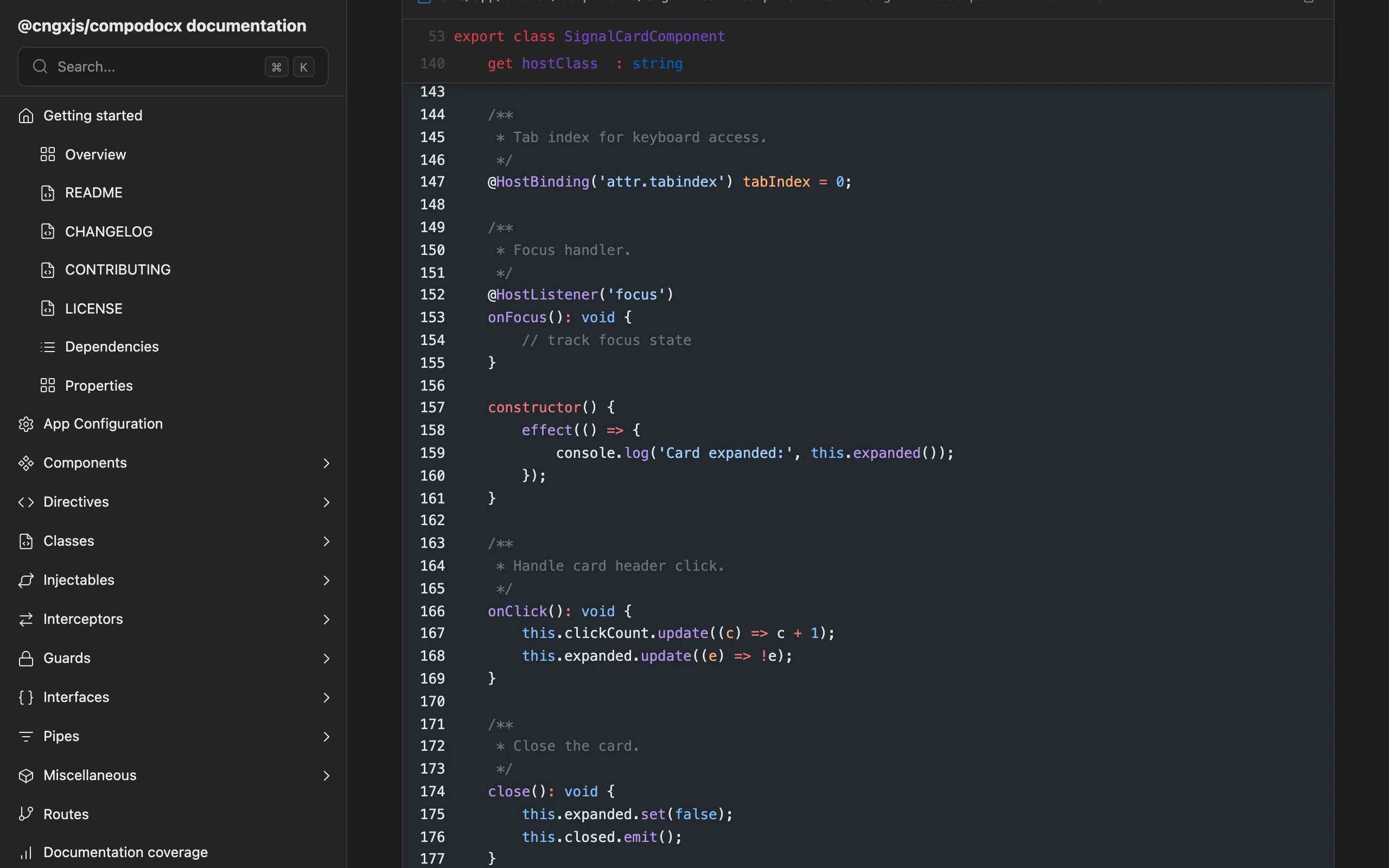Source viewer showing the signal-card component file with line numbers, syntax highlighting, and a sticky stack of the enclosing class and method