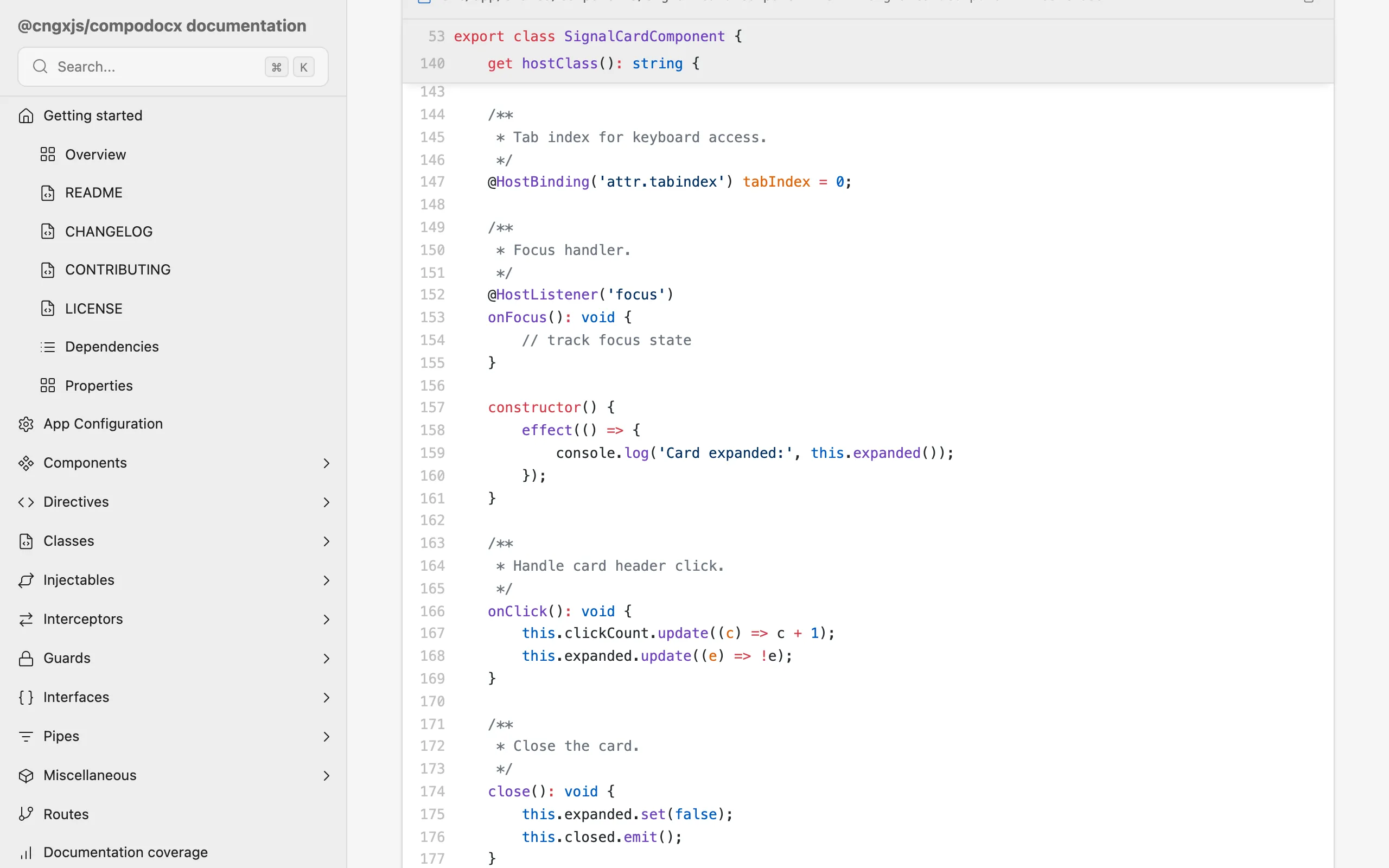 Source viewer showing the signal-card component file with line numbers, syntax highlighting, and a sticky stack of the enclosing class and method
